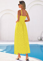 PRETTYGARDEN Womens Sleeveless Maxi Summer Dresses Hollow Out Eyelet Square Neck Ruffle Flowy Beach Vacation Sundress