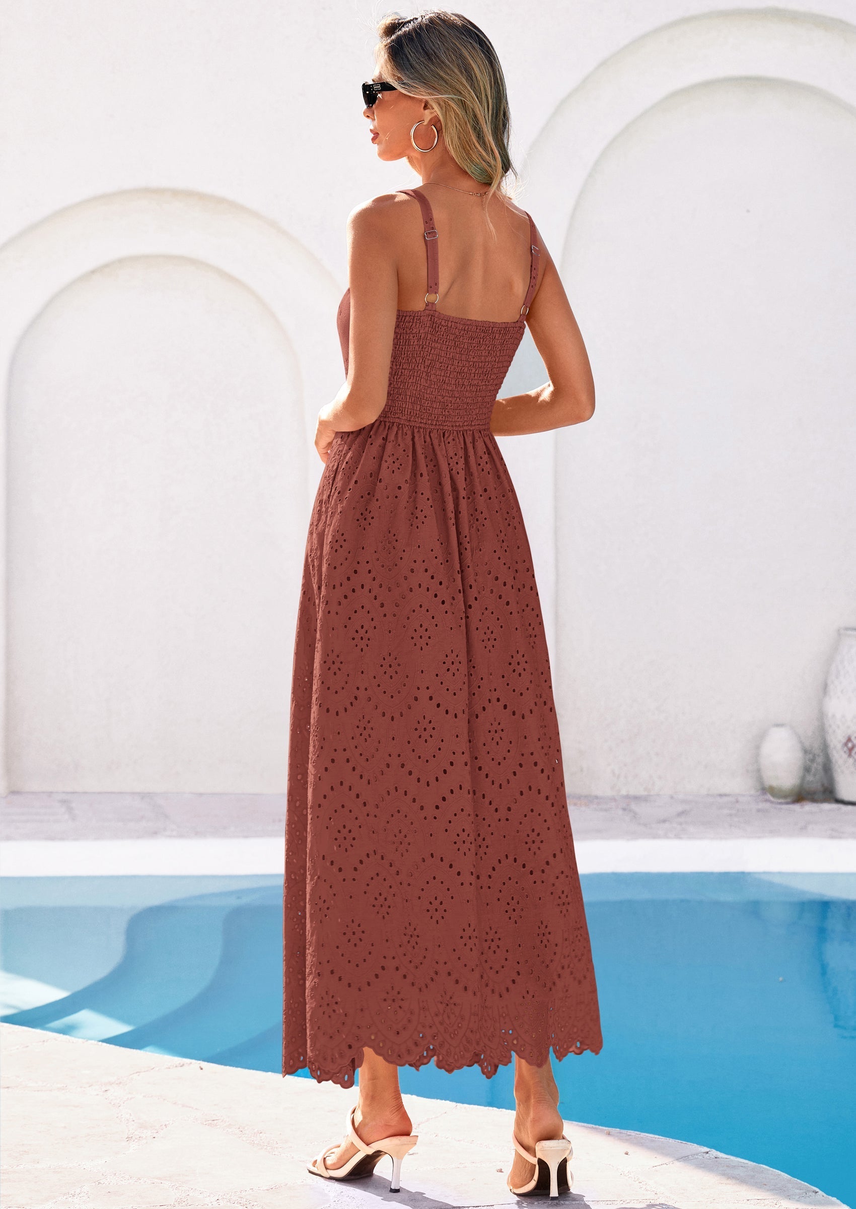 PRETTYGARDEN Womens Sleeveless Maxi Summer Dresses Hollow Out Eyelet Square Neck Ruffle Flowy Beach Vacation Sundress