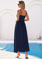 PRETTYGARDEN Womens Sleeveless Maxi Summer Dresses Hollow Out Eyelet Square Neck Ruffle Flowy Beach Vacation Sundress
