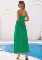 PRETTYGARDEN Womens Sleeveless Maxi Summer Dresses Hollow Out Eyelet Square Neck Ruffle Flowy Beach Vacation Sundress