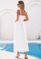 PRETTYGARDEN Womens Sleeveless Maxi Summer Dresses Hollow Out Eyelet Square Neck Ruffle Flowy Beach Vacation Sundress