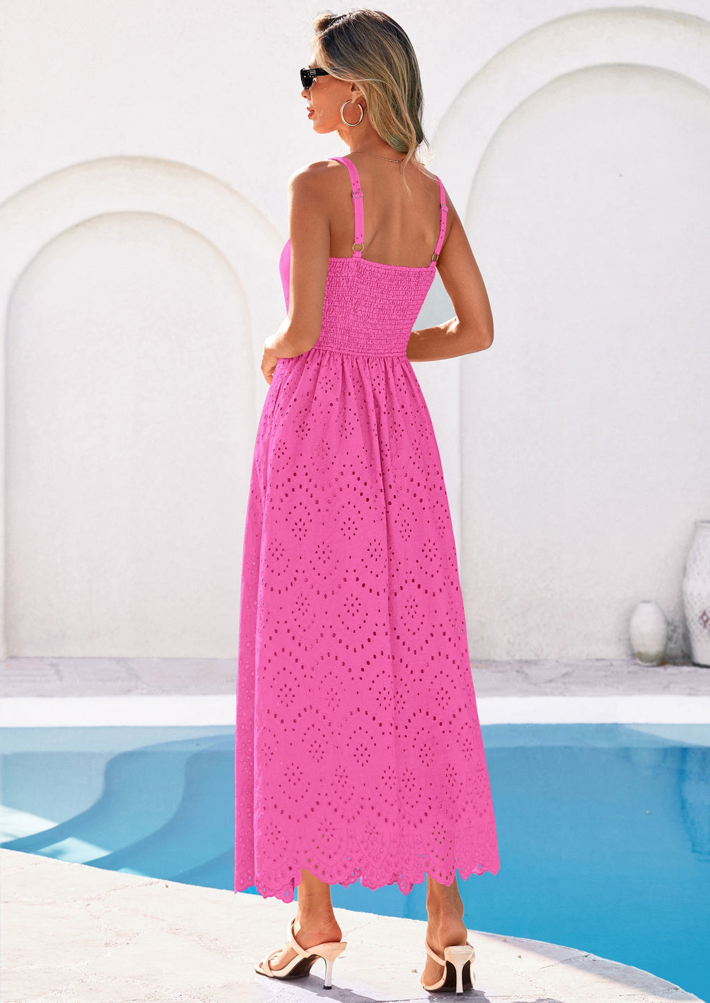 PRETTYGARDEN Womens Sleeveless Maxi Summer Dresses Hollow Out Eyelet Square Neck Ruffle Flowy Beach Vacation Sundress