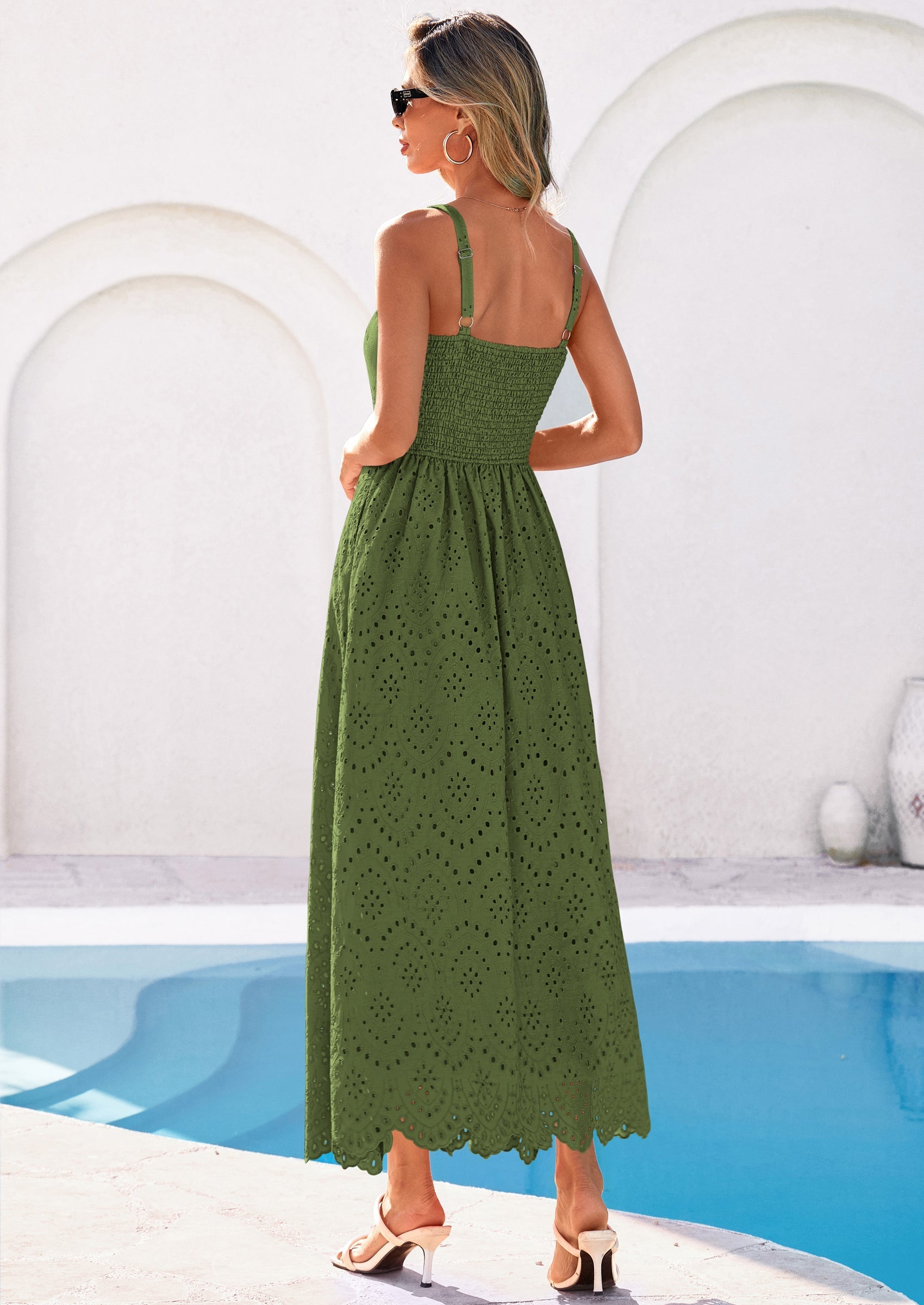 PRETTYGARDEN Womens Sleeveless Maxi Summer Dresses Hollow Out Eyelet Square Neck Ruffle Flowy Beach Vacation Sundress