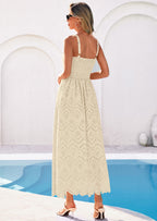 PRETTYGARDEN Womens Sleeveless Maxi Summer Dresses Hollow Out Eyelet Square Neck Ruffle Flowy Beach Vacation Sundress