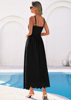 PRETTYGARDEN Womens Sleeveless Maxi Summer Dresses Hollow Out Eyelet Square Neck Ruffle Flowy Beach Vacation Sundress