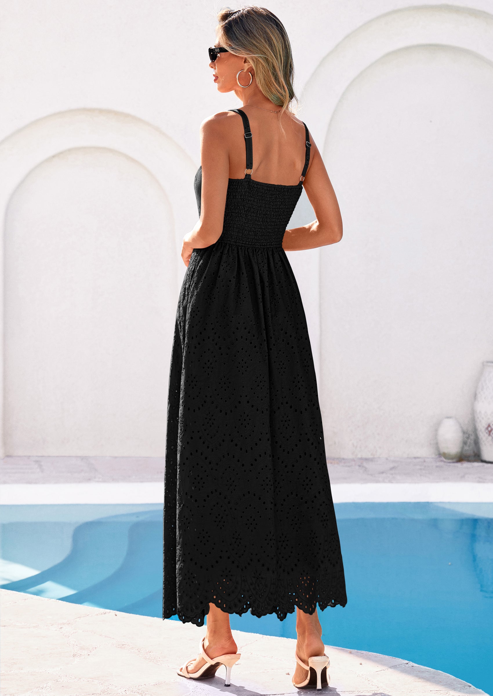 PRETTYGARDEN Womens Sleeveless Maxi Summer Dresses Hollow Out Eyelet Square Neck Ruffle Flowy Beach Vacation Sundress