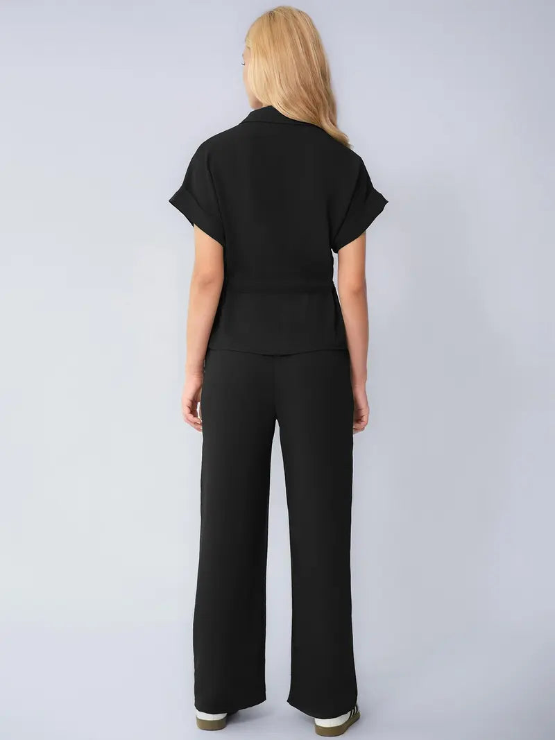 Two-Piece Set Women's Solid Versatile Minimalist Collared Top & Wide Leg Trousers