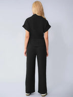 Two-Piece Set Women's Solid Versatile Minimalist Collared Top & Wide Leg Trousers