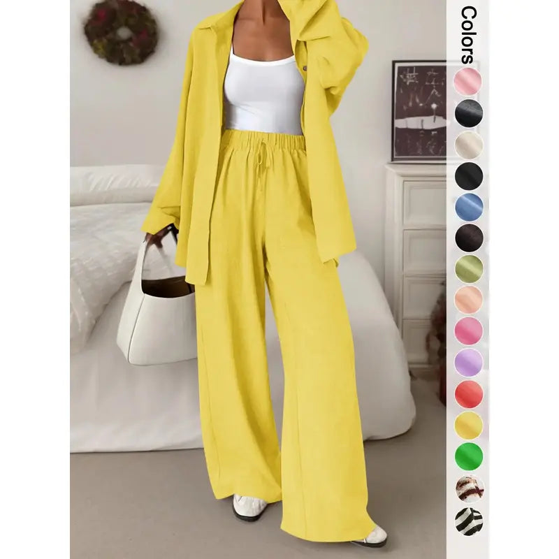 Women's Casual Sporty Shirt and Long Pants Set, Loose Button-Up Top and Wide-Leg Pants Two-Piece Set, Comfortable and Stylish