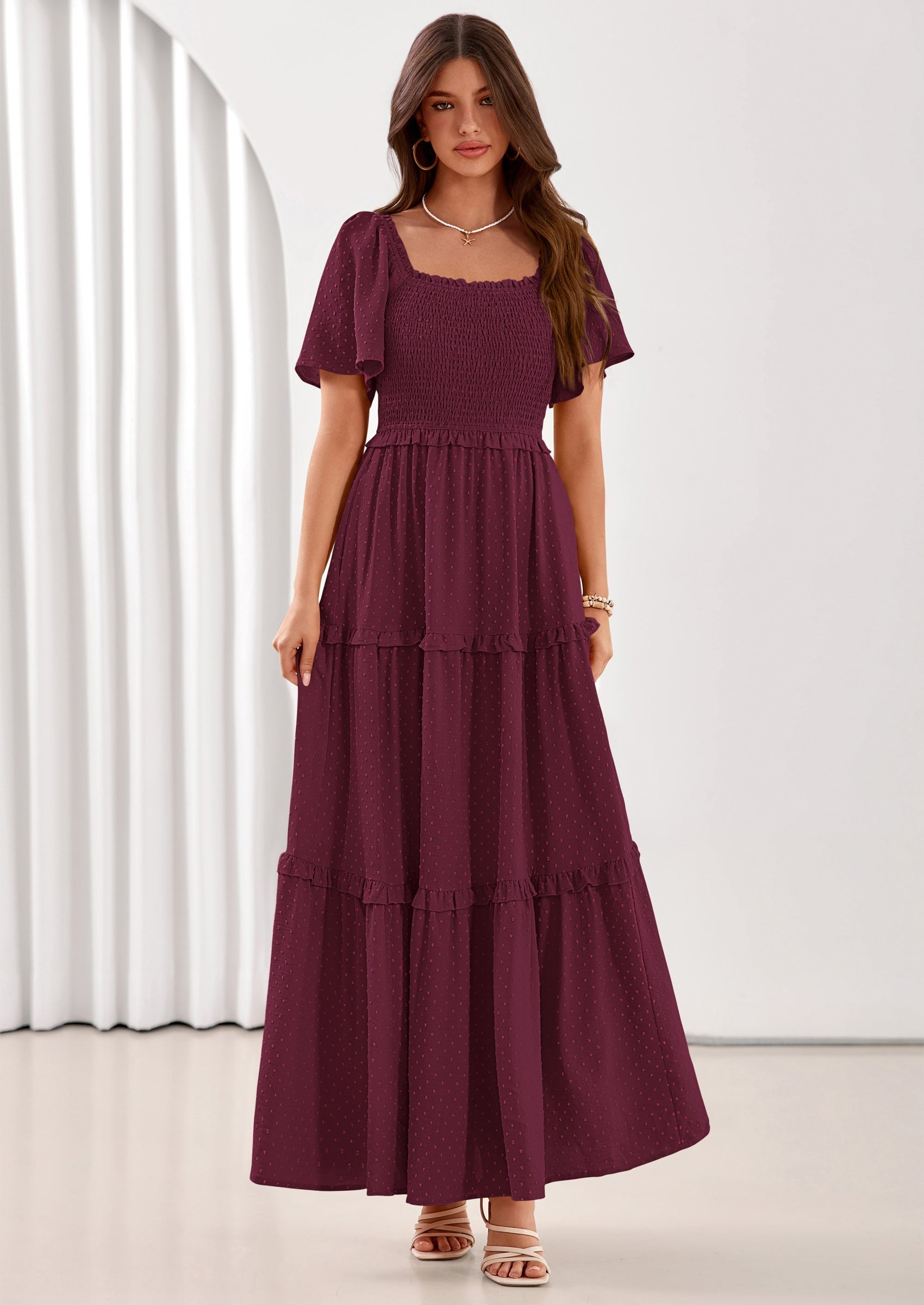 PRETTYGARDEN Summer Dresses for Women Boho Swiss Dot Smocked Square Neck Short Sleeve Spring Wedding Guest Maxi Dress