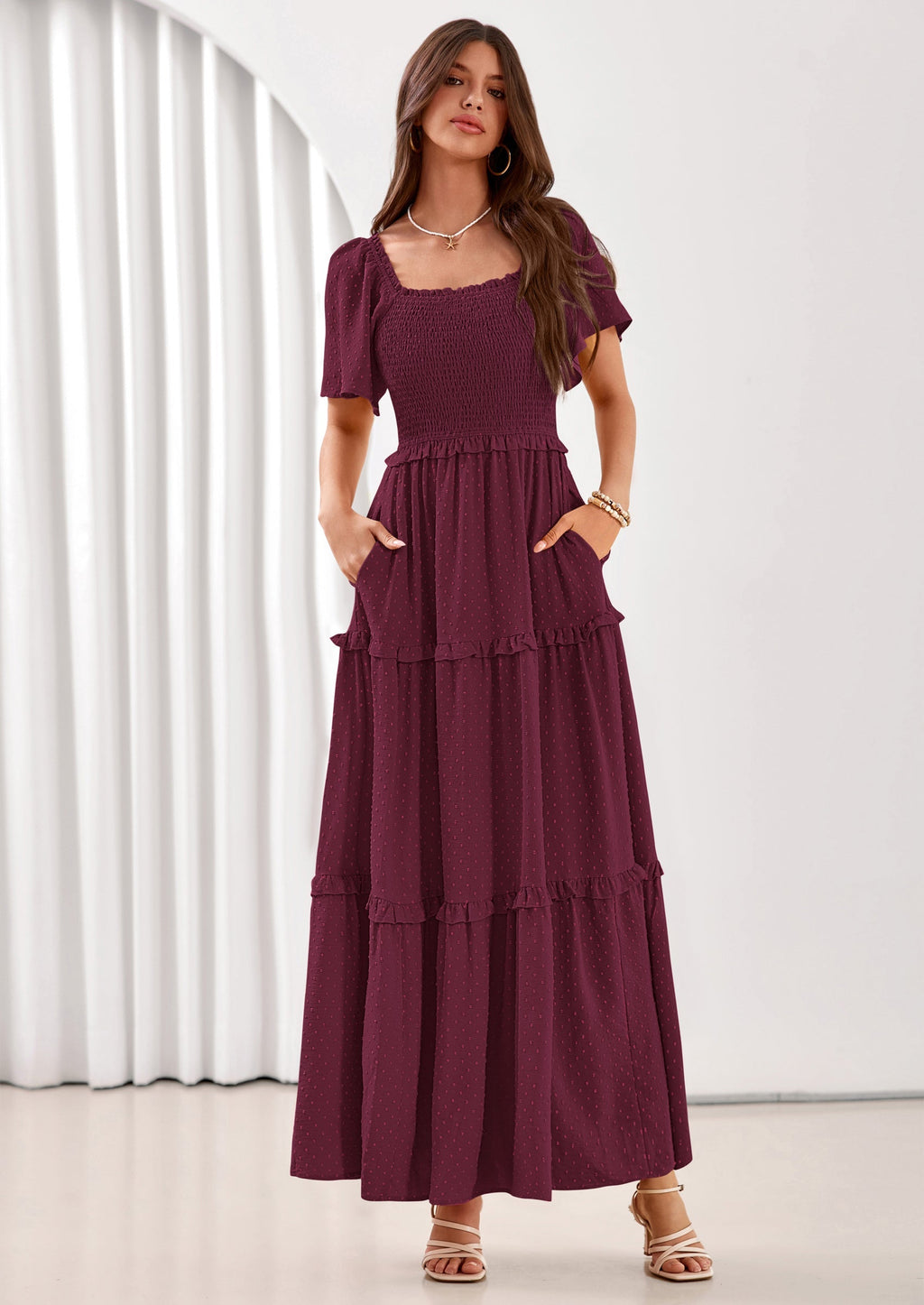 PRETTYGARDEN Summer Dresses for Women Boho Swiss Dot Smocked Square Neck Short Sleeve Spring Wedding Guest Maxi Dress