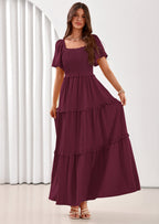 PRETTYGARDEN Summer Dresses for Women Boho Swiss Dot Smocked Square Neck Short Sleeve Spring Wedding Guest Maxi Dress