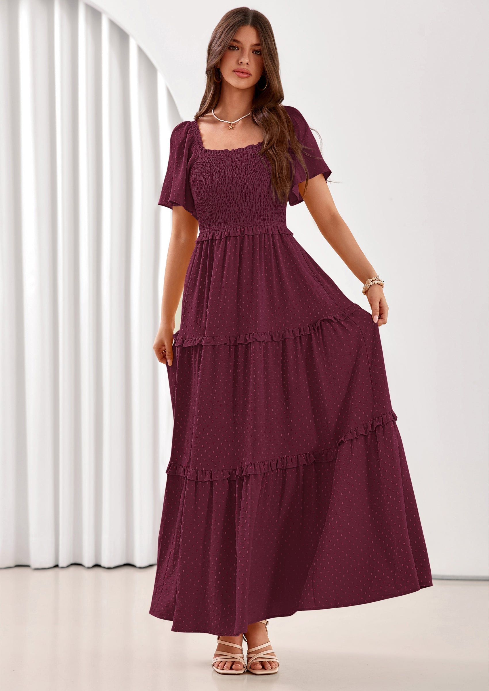 PRETTYGARDEN Summer Dresses for Women Boho Swiss Dot Smocked Square Neck Short Sleeve Spring Wedding Guest Maxi Dress