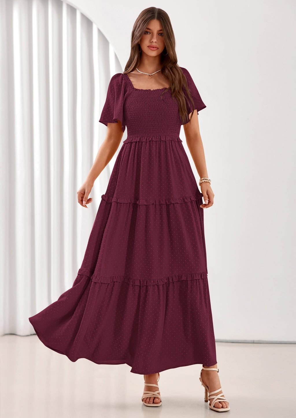 PRETTYGARDEN Summer Dresses for Women Boho Swiss Dot Smocked Square Neck Short Sleeve Spring Wedding Guest Maxi Dress