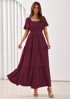 PRETTYGARDEN Summer Dresses for Women Boho Swiss Dot Smocked Square Neck Short Sleeve Spring Wedding Guest Maxi Dress