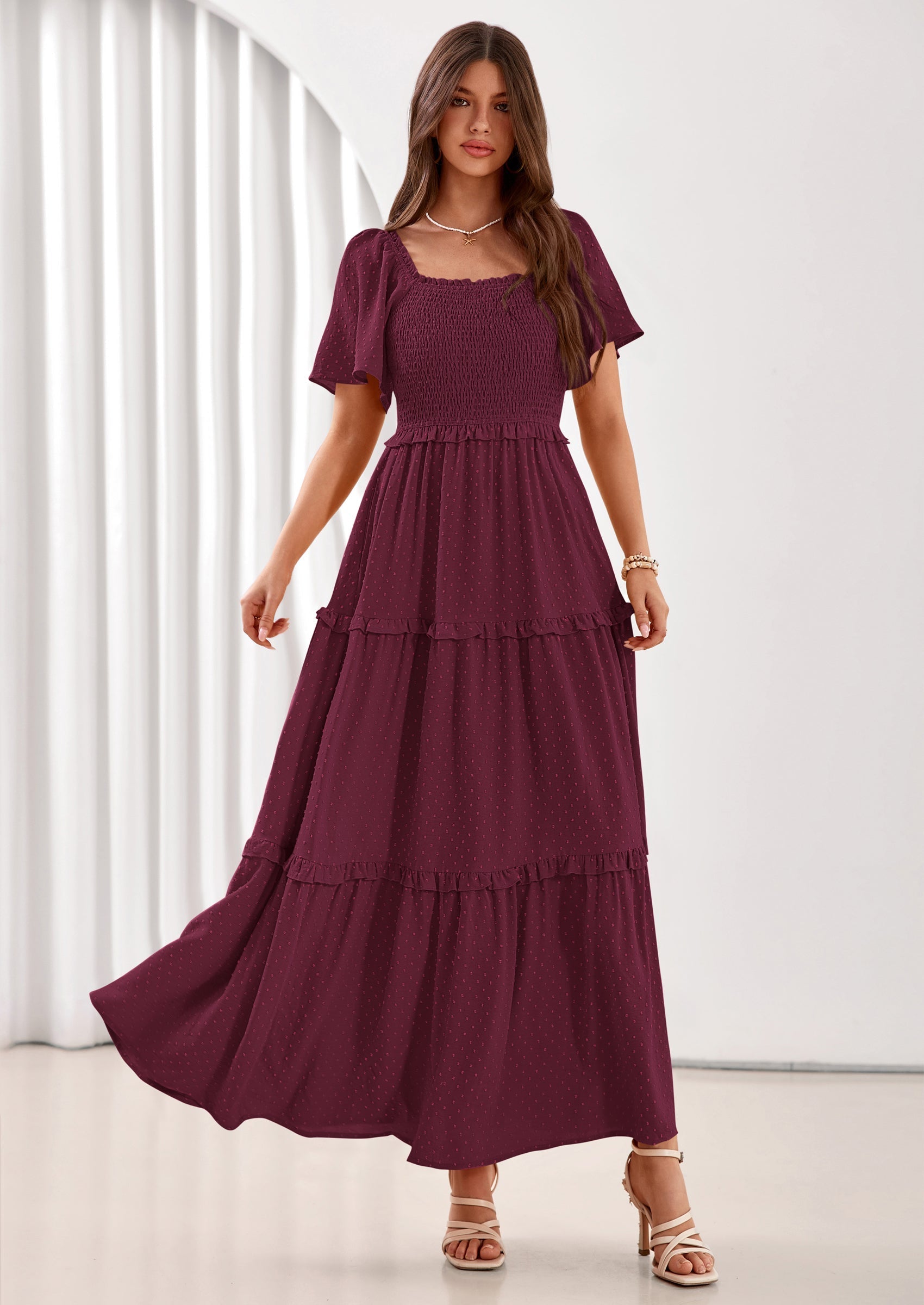 PRETTYGARDEN Summer Dresses for Women Boho Swiss Dot Smocked Square Neck Short Sleeve Spring Wedding Guest Maxi Dress