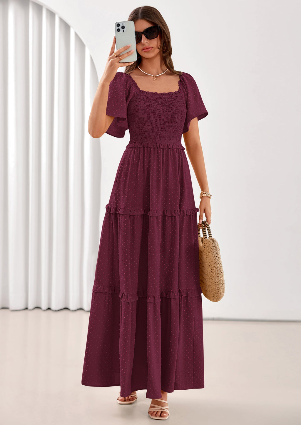 PRETTYGARDEN Summer Dresses for Women Boho Swiss Dot Smocked Square Neck Short Sleeve Spring Wedding Guest Maxi Dress