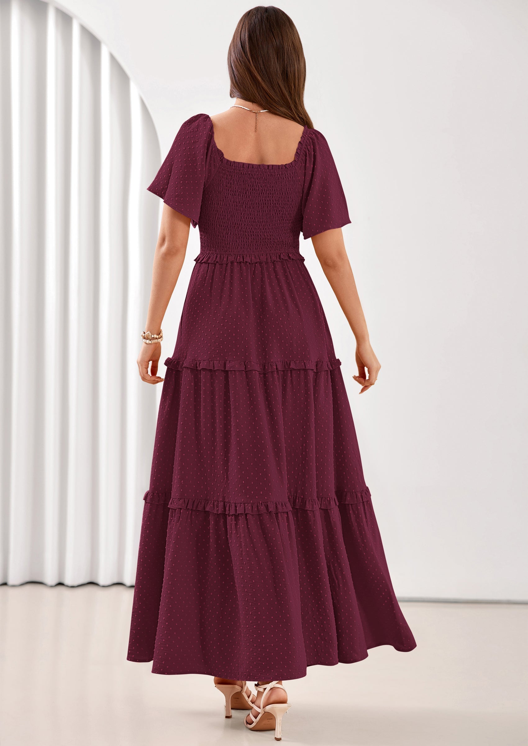 PRETTYGARDEN Summer Dresses for Women Boho Swiss Dot Smocked Square Neck Short Sleeve Spring Wedding Guest Maxi Dress
