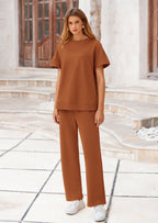 PRETTYGARDEN 2 Piece Outfits For Women Casual Tracksuit Short Sleeve Tops And Wide Leg Long Pants Matching Lounge Sets