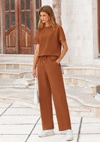 PRETTYGARDEN 2 Piece Outfits For Women Casual Tracksuit Short Sleeve Tops And Wide Leg Long Pants Matching Lounge Sets