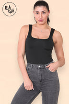 Square Neck Sculpting Thong Bodysuit in Black