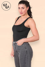 Square Neck Sculpting Thong Bodysuit in Black