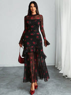 Women's Gothic Elegant Sexy Mesh Splicing Colorful Print Retro Petal Sleeves Ruffle Mermaid Hem Double Layer Dress