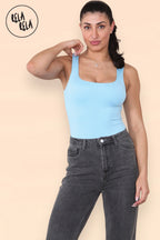 Square Neck Sculpting Thong Bodysuit in Baby Blue
