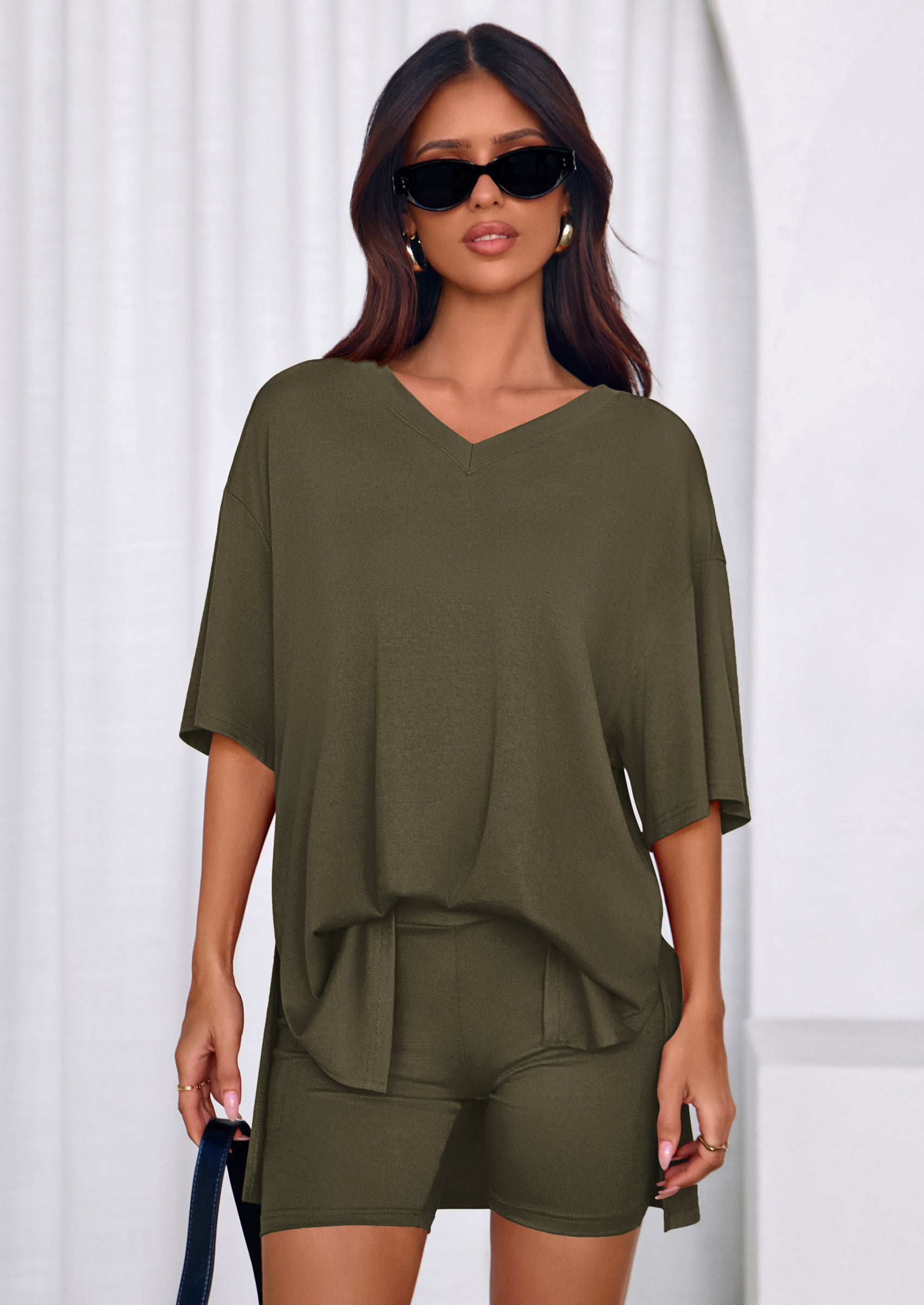 PRETTYGARDEN 2 Piece Sets for Women Summer Lounge Short Set Spring Matching Biker Shorts V Neck Oversized Shirt Clothing