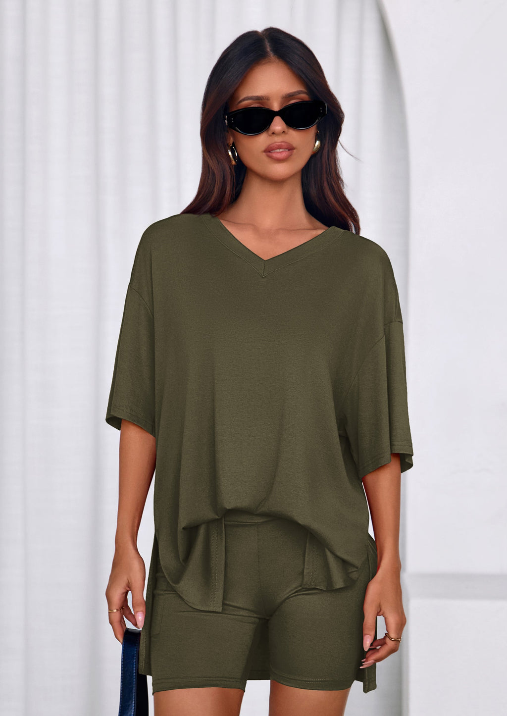 PRETTYGARDEN 2 Piece Sets for Women Summer Lounge Short Set Spring Matching Biker Shorts V Neck Oversized Shirt Clothing