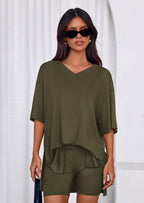 PRETTYGARDEN 2 Piece Sets for Women Summer Lounge Short Set Spring Matching Biker Shorts V Neck Oversized Shirt Clothing