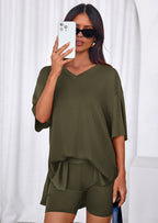 PRETTYGARDEN 2 Piece Sets for Women Summer Lounge Short Set Spring Matching Biker Shorts V Neck Oversized Shirt Clothing