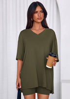 PRETTYGARDEN 2 Piece Sets for Women Summer Lounge Short Set Spring Matching Biker Shorts V Neck Oversized Shirt Clothing