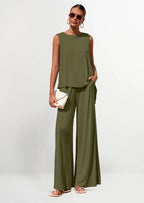 PRETTYGARDEN Women's Two Piece Matching Lounge Sets Asymmetrical Split Tank Tops Wide Leg Pants Summer Outfits Tracksuit