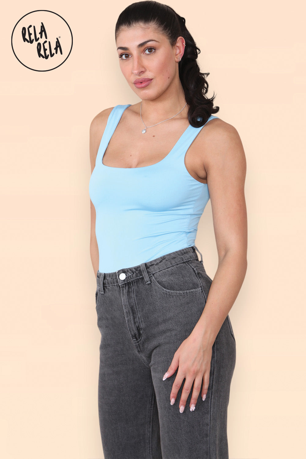 Square Neck Sculpting Thong Bodysuit in Baby Blue