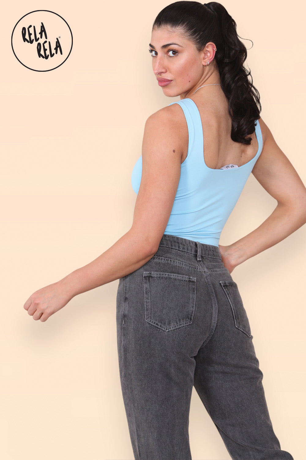 Square Neck Sculpting Thong Bodysuit in Baby Blue