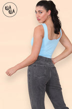 Square Neck Sculpting Thong Bodysuit in Baby Blue