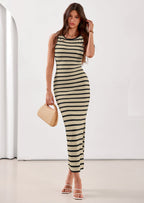 PRETTYGARDEN Sundresses for Women Summer Striped Knit Side Slit Spring Fashion Bodycon Maxi Dress Beach Vacation Clothes