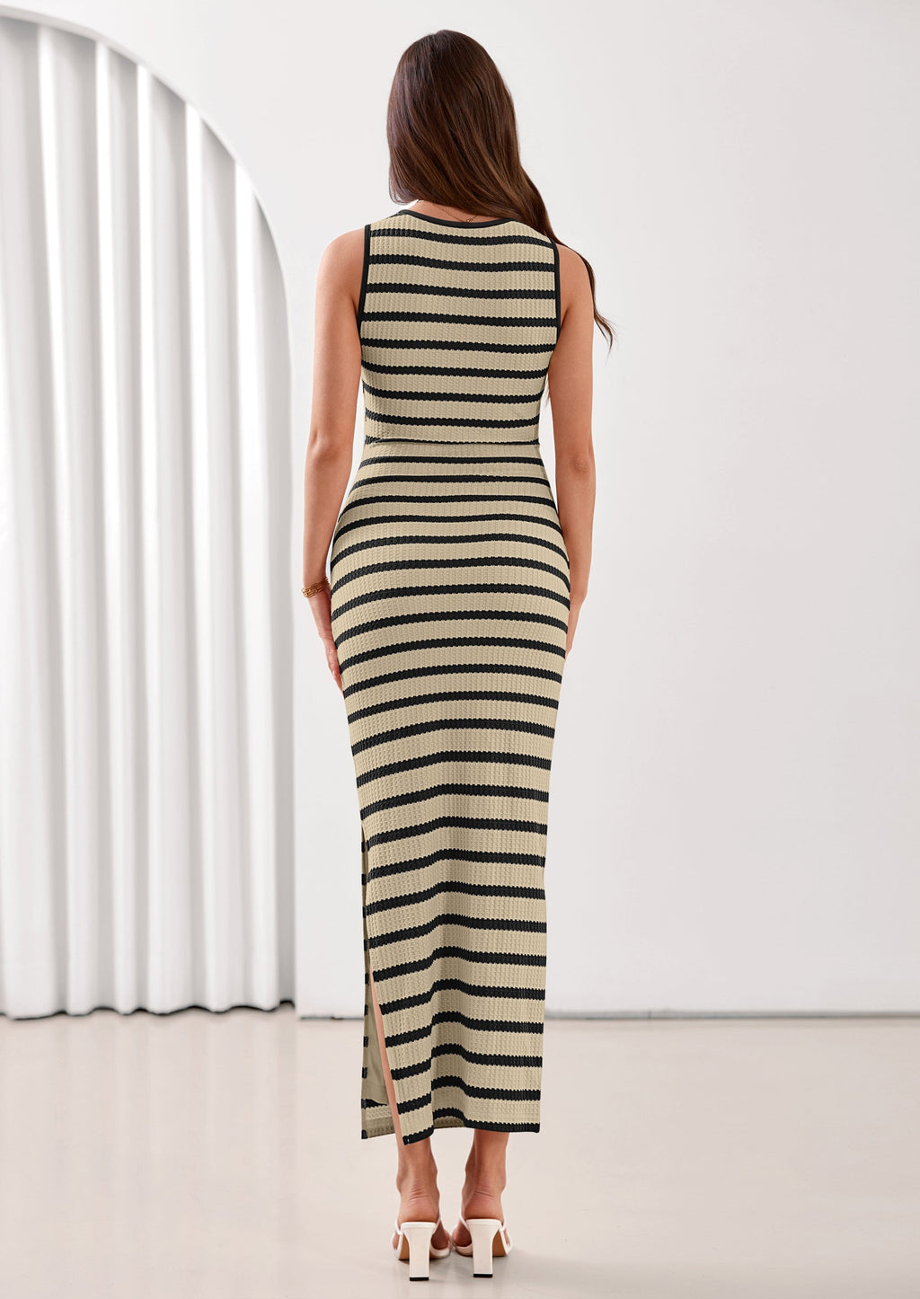 PRETTYGARDEN Sundresses for Women Summer Striped Knit Side Slit Spring Fashion Bodycon Maxi Dress Beach Vacation Clothes