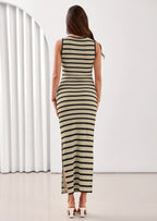 PRETTYGARDEN Sundresses for Women Summer Striped Knit Side Slit Spring Fashion Bodycon Maxi Dress Beach Vacation Clothes