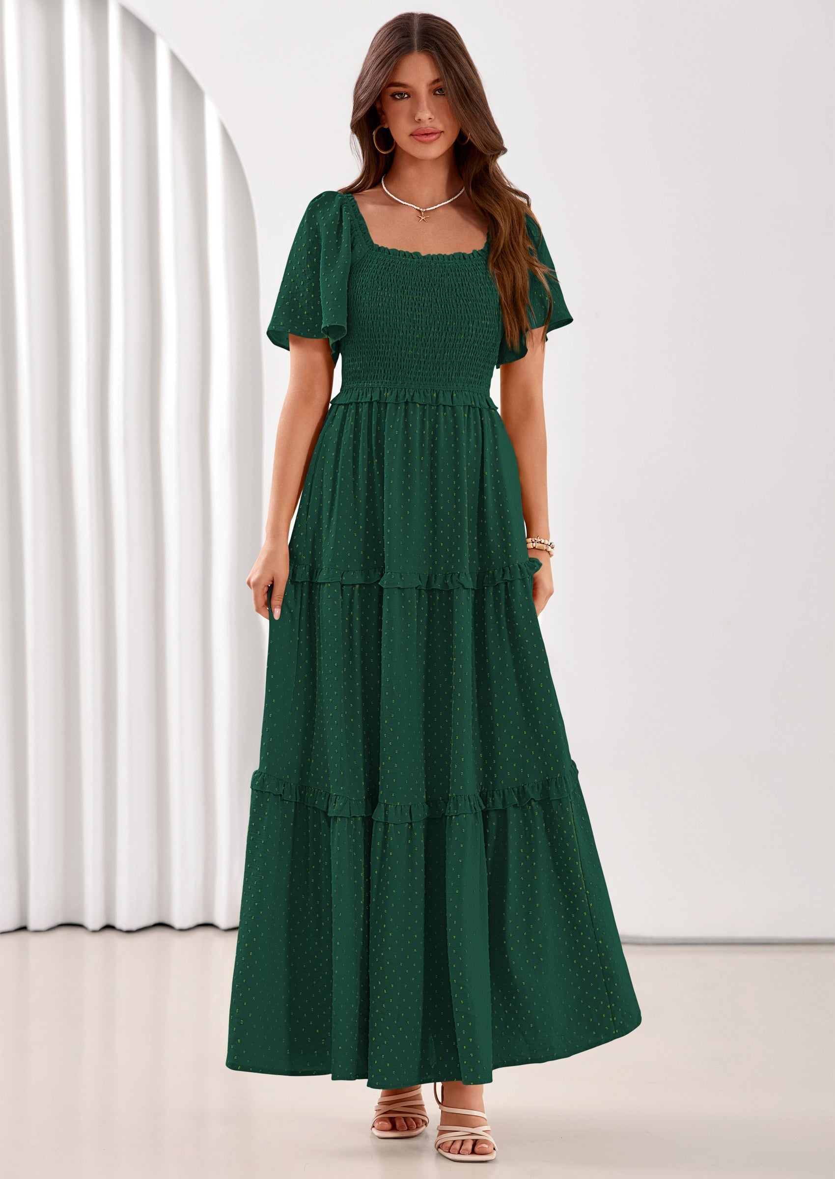 PRETTYGARDEN Summer Dresses for Women Boho Swiss Dot Smocked Square Neck Short Sleeve Spring Wedding Guest Maxi Dress