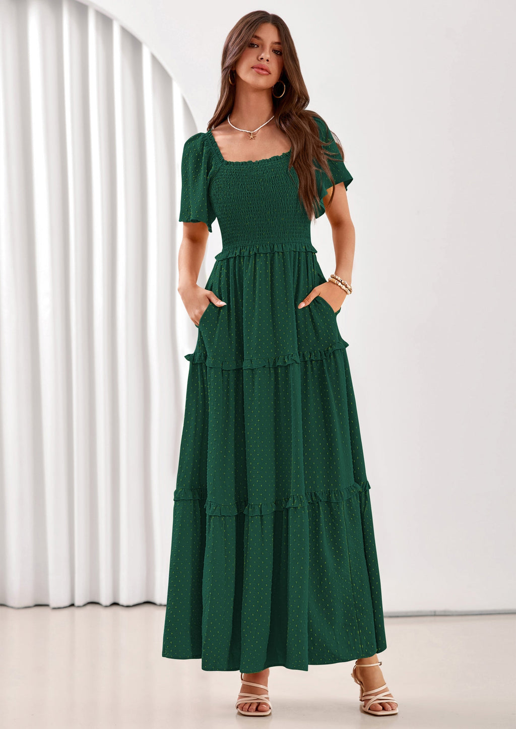 PRETTYGARDEN Summer Dresses for Women Boho Swiss Dot Smocked Square Neck Short Sleeve Spring Wedding Guest Maxi Dress