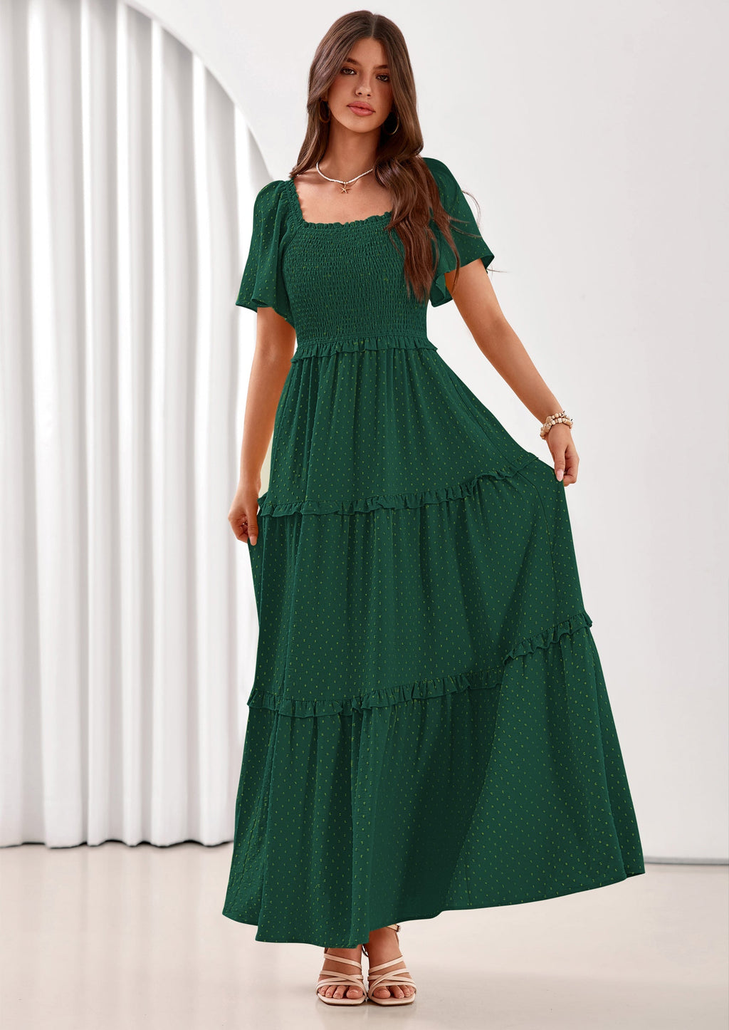 PRETTYGARDEN Summer Dresses for Women Boho Swiss Dot Smocked Square Neck Short Sleeve Spring Wedding Guest Maxi Dress
