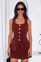 PRETTYGARDEN Womens 2 Piece Matching Sets Fashion Button Down Suit Vest Tops Shorts Set Spring Business Casual Outfits
