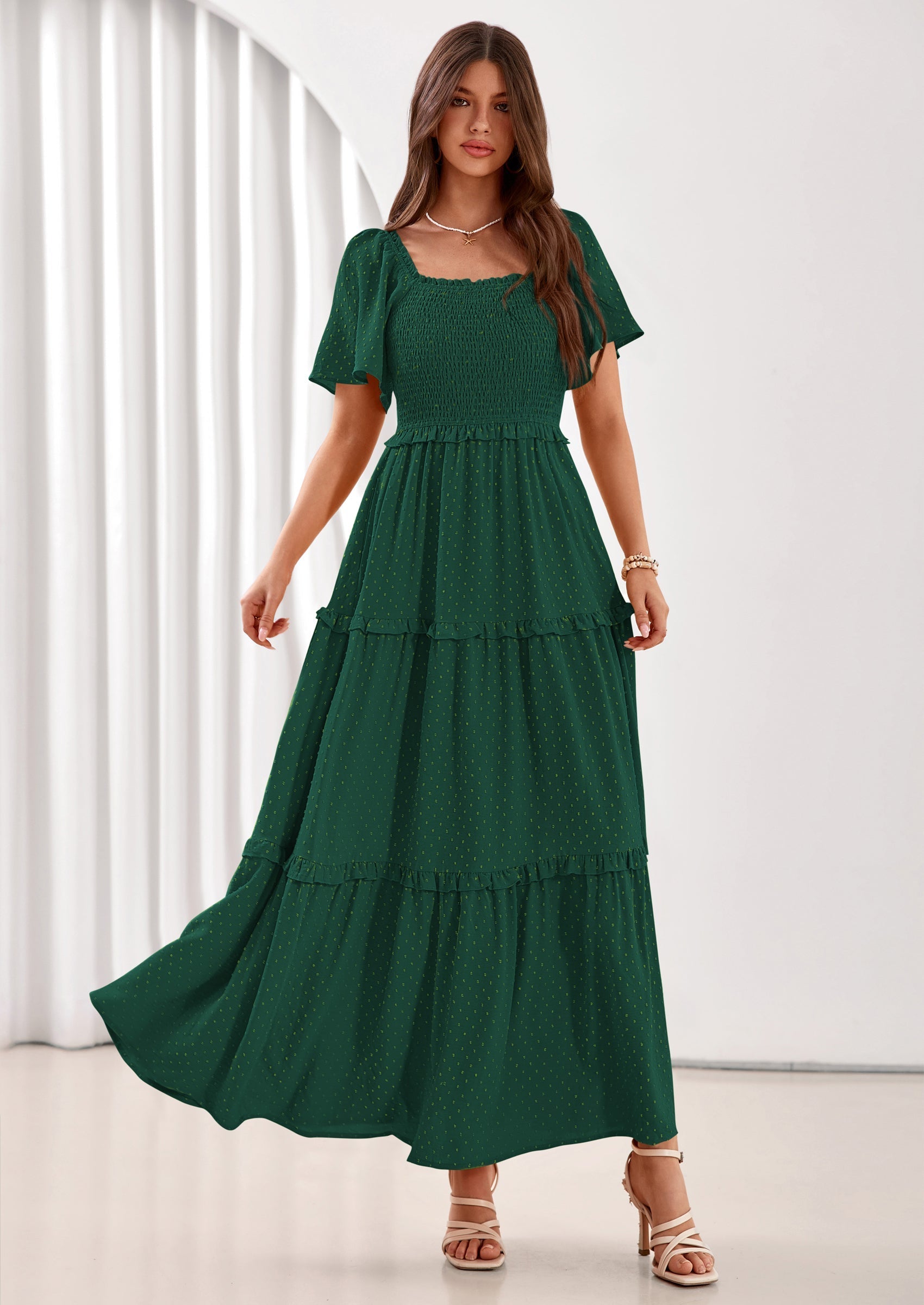 PRETTYGARDEN Summer Dresses for Women Boho Swiss Dot Smocked Square Neck Short Sleeve Spring Wedding Guest Maxi Dress