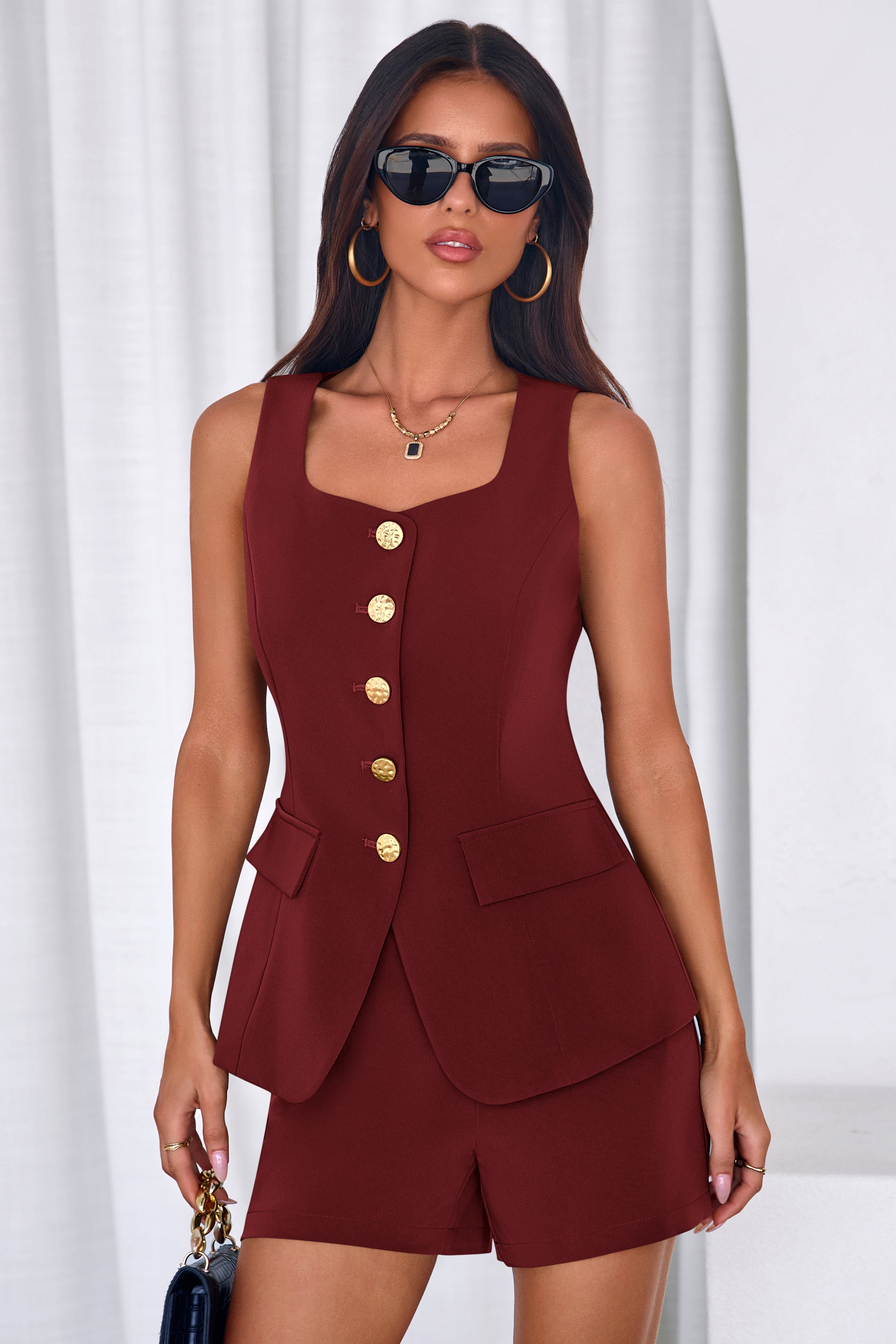 PRETTYGARDEN Womens 2 Piece Matching Sets Fashion Button Down Suit Vest Tops Shorts Set Spring Business Casual Outfits