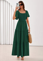 PRETTYGARDEN Summer Dresses for Women Boho Swiss Dot Smocked Square Neck Short Sleeve Spring Wedding Guest Maxi Dress