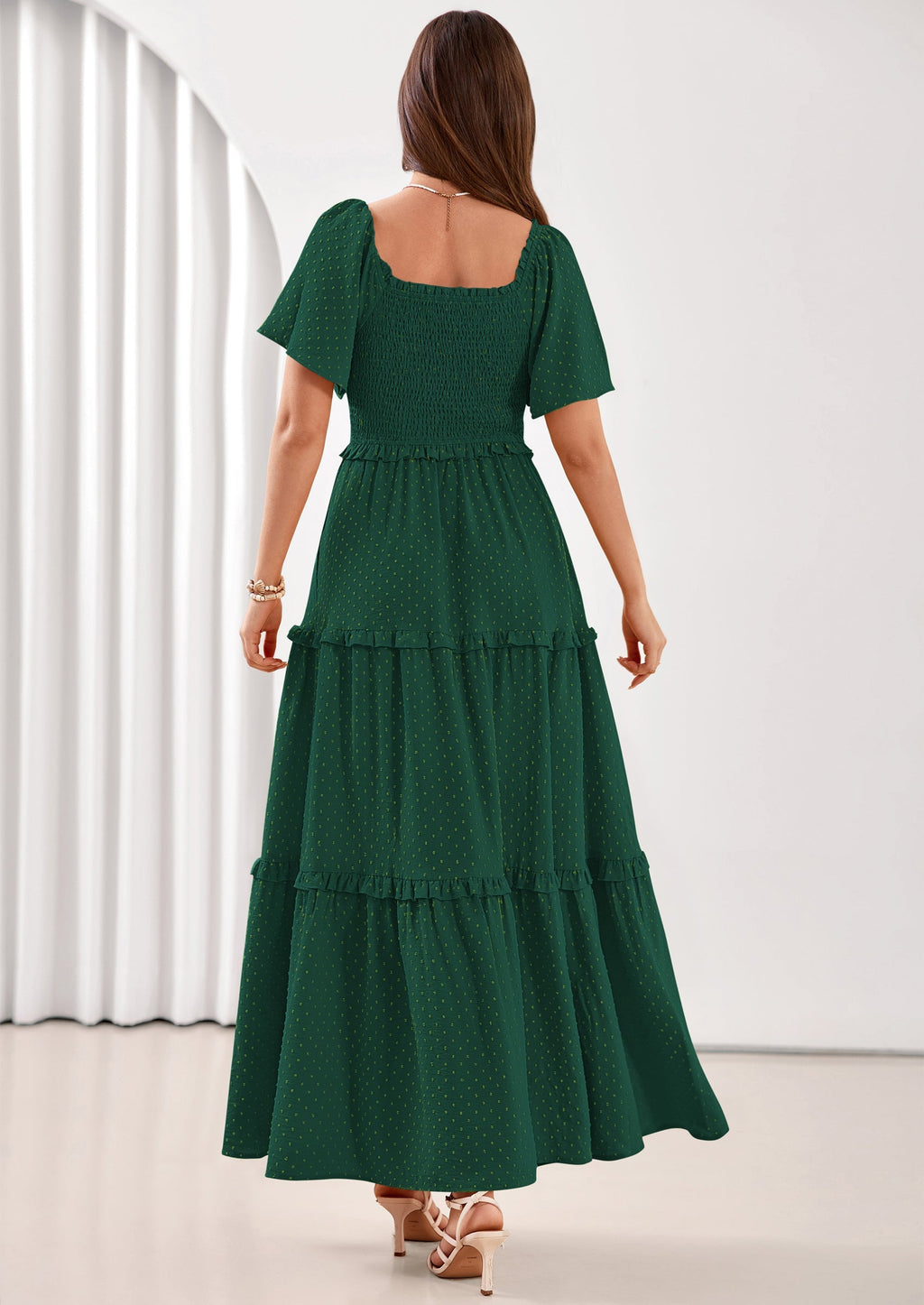PRETTYGARDEN Summer Dresses for Women Boho Swiss Dot Smocked Square Neck Short Sleeve Spring Wedding Guest Maxi Dress