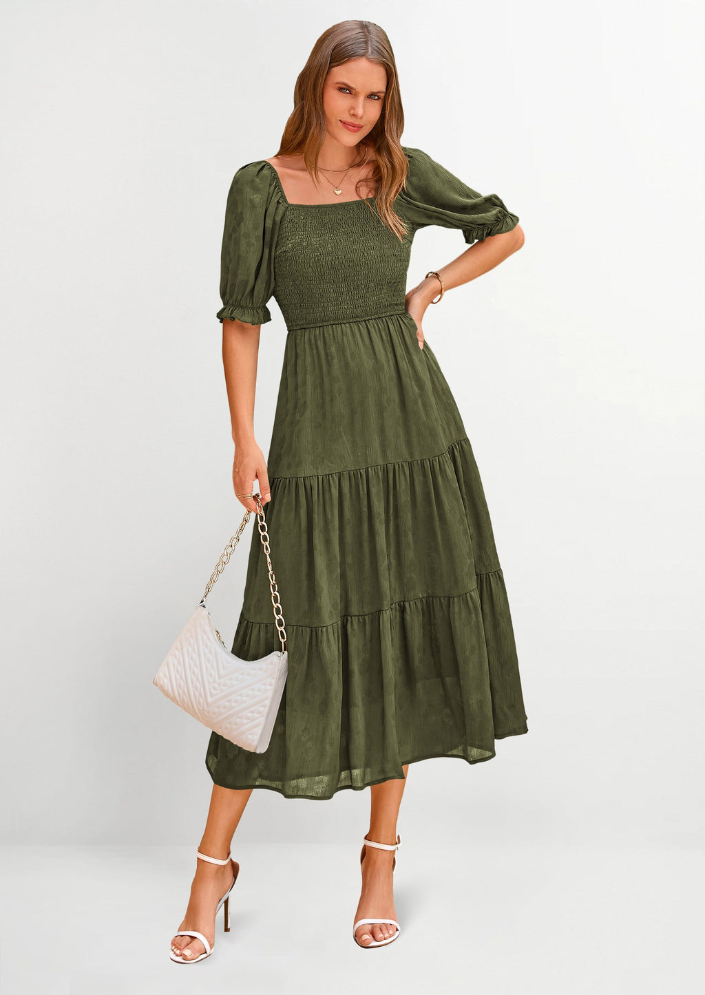 PRETTYGARDEN Women's Casual Midi Dresses Square Neck Short Sleeve Smocked A Line Floral Flowy Elegant Boho Dress