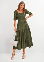 PRETTYGARDEN Women's Casual Midi Dresses Square Neck Short Sleeve Smocked A Line Floral Flowy Elegant Boho Dress